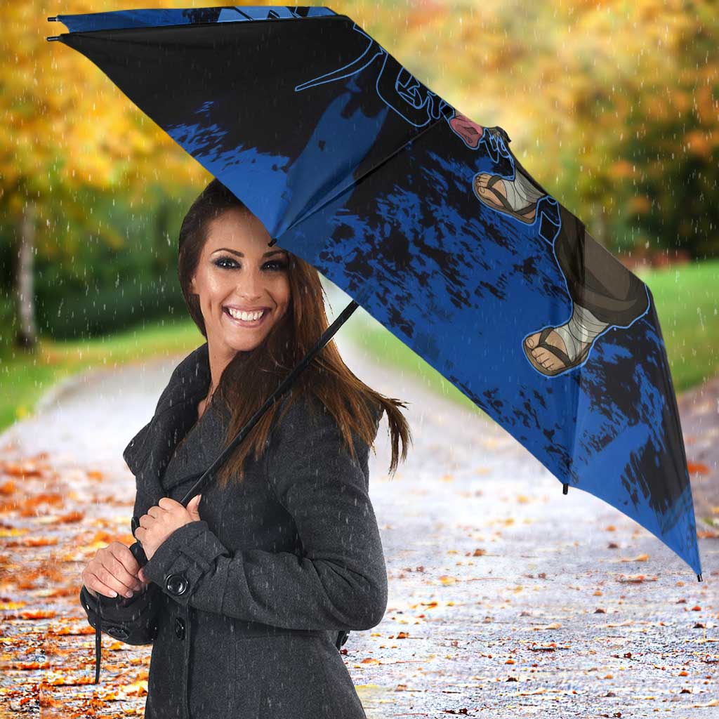 Inosuke Hashibira Demon Slayer Blue Grunge Design Umbrella with Boar Mask and Dual Sword Pose - The Mazicc