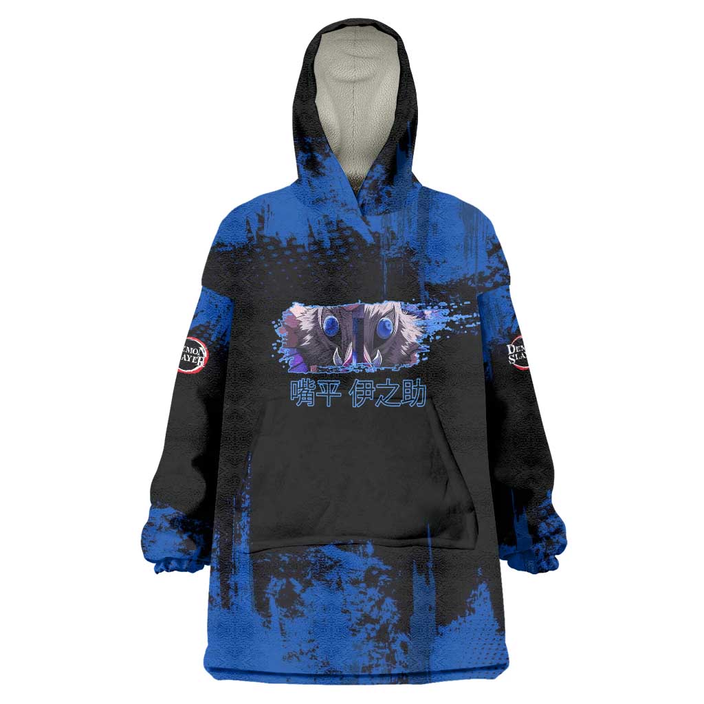 Inosuke Hashibira Demon Slayer Blue Grunge Design Wearable Blanket Hoodie with Boar Mask and Dual Sword Pose - The Mazicc