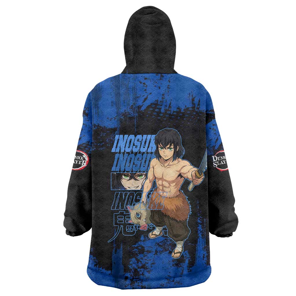 Inosuke Hashibira Demon Slayer Blue Grunge Design Wearable Blanket Hoodie with Boar Mask and Dual Sword Pose - The Mazicc