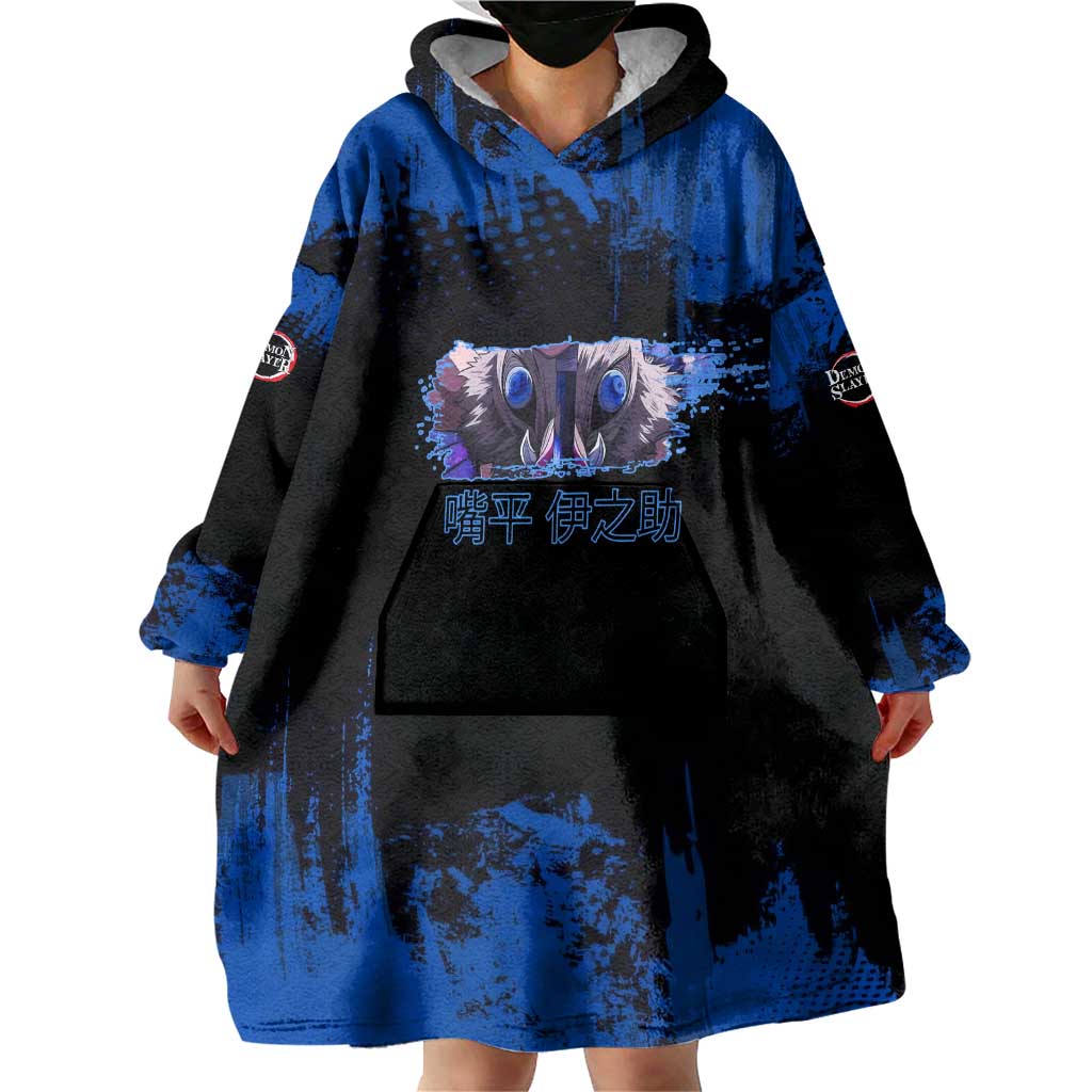 Inosuke Hashibira Demon Slayer Blue Grunge Design Wearable Blanket Hoodie with Boar Mask and Dual Sword Pose - The Mazicc
