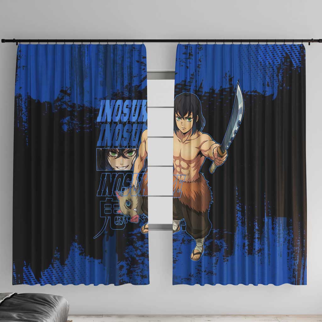 Inosuke Hashibira Demon Slayer Blue Grunge Design Window Curtain with Boar Mask and Dual Sword Pose - The Mazicc