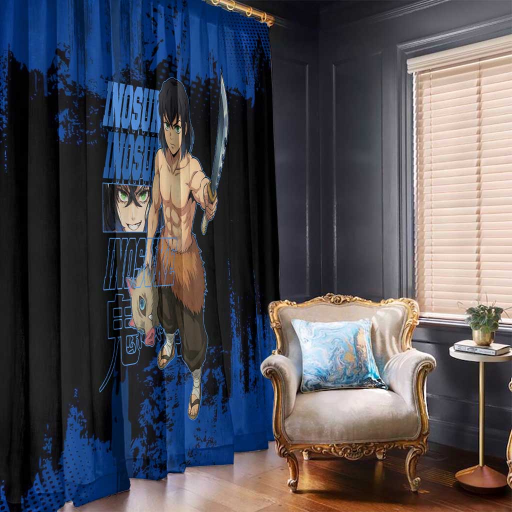 Inosuke Hashibira Demon Slayer Blue Grunge Design Window Curtain with Boar Mask and Dual Sword Pose - The Mazicc