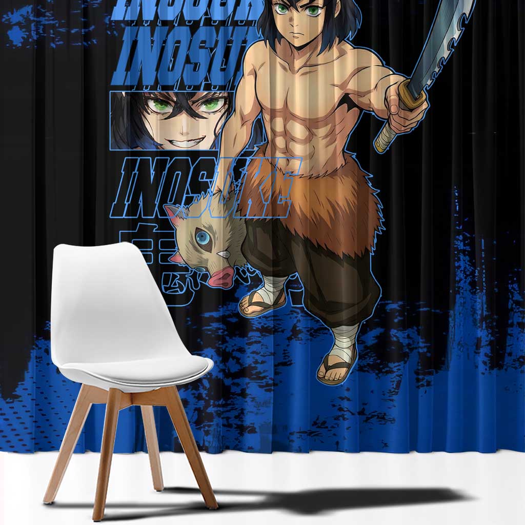 Inosuke Hashibira Demon Slayer Blue Grunge Design Window Curtain with Boar Mask and Dual Sword Pose - The Mazicc