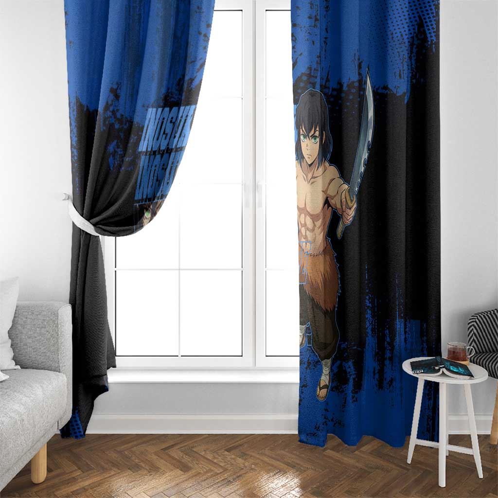 Inosuke Hashibira Demon Slayer Blue Grunge Design Window Curtain with Boar Mask and Dual Sword Pose - The Mazicc