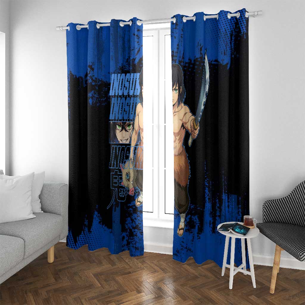Inosuke Hashibira Demon Slayer Blue Grunge Design Window Curtain with Boar Mask and Dual Sword Pose - The Mazicc