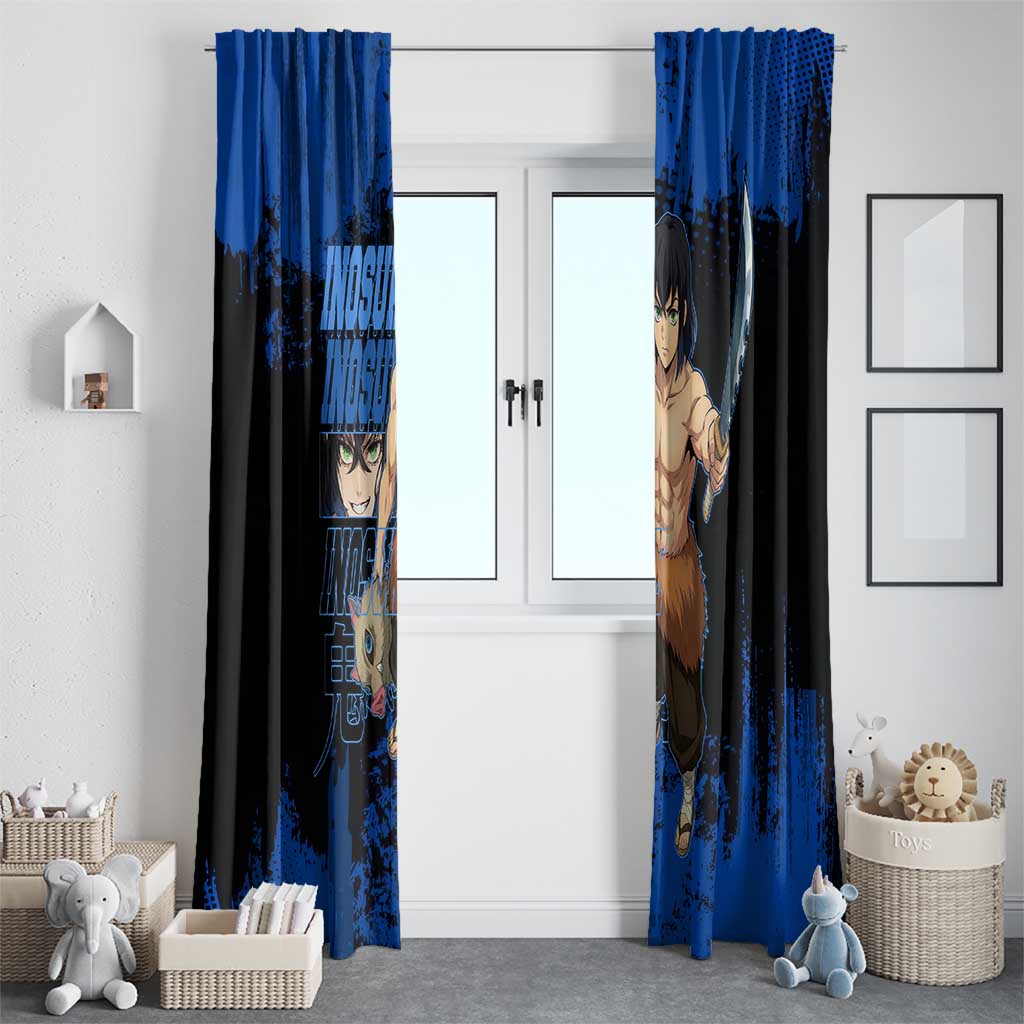 Inosuke Hashibira Demon Slayer Blue Grunge Design Window Curtain with Boar Mask and Dual Sword Pose - The Mazicc