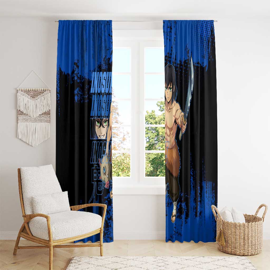 Inosuke Hashibira Demon Slayer Blue Grunge Design Window Curtain with Boar Mask and Dual Sword Pose - The Mazicc