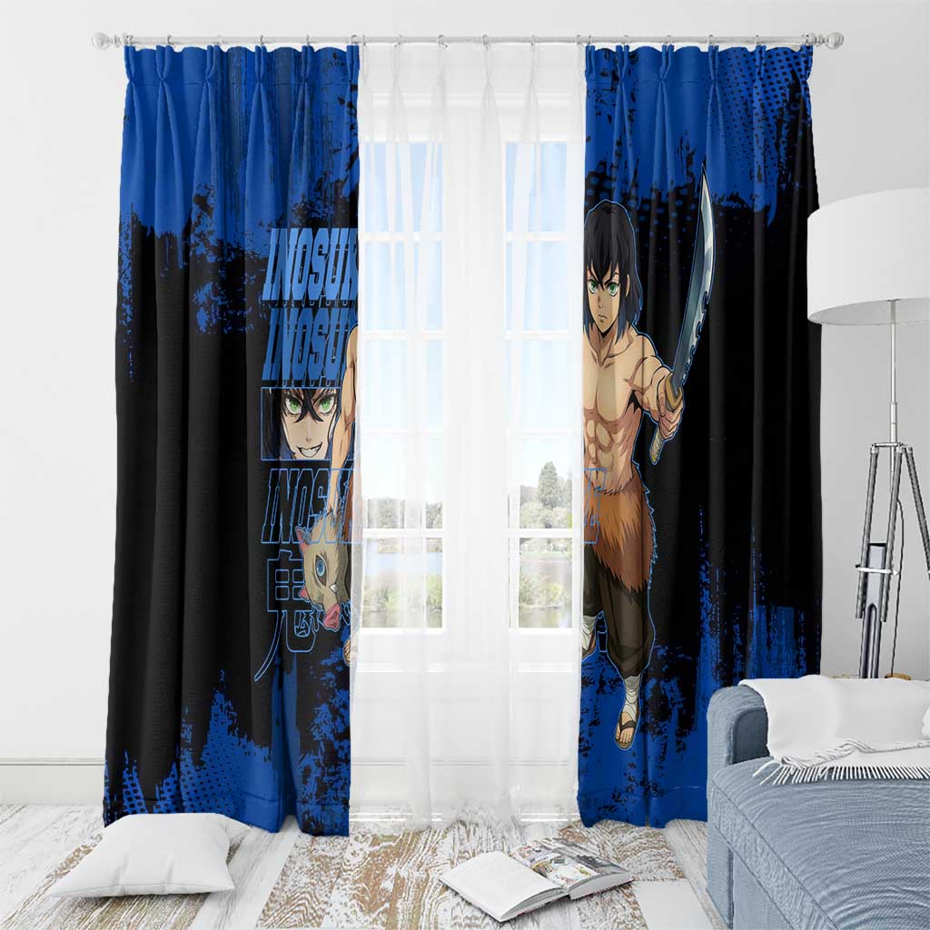 Inosuke Hashibira Demon Slayer Blue Grunge Design Window Curtain with Boar Mask and Dual Sword Pose - The Mazicc