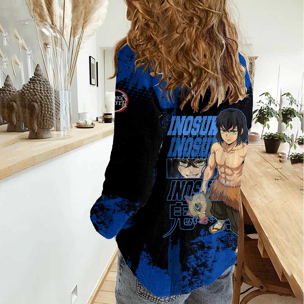 Inosuke Hashibira Demon Slayer Blue Grunge Design Women Casual Shirt with Boar Mask and Dual Sword Pose - The Mazicc