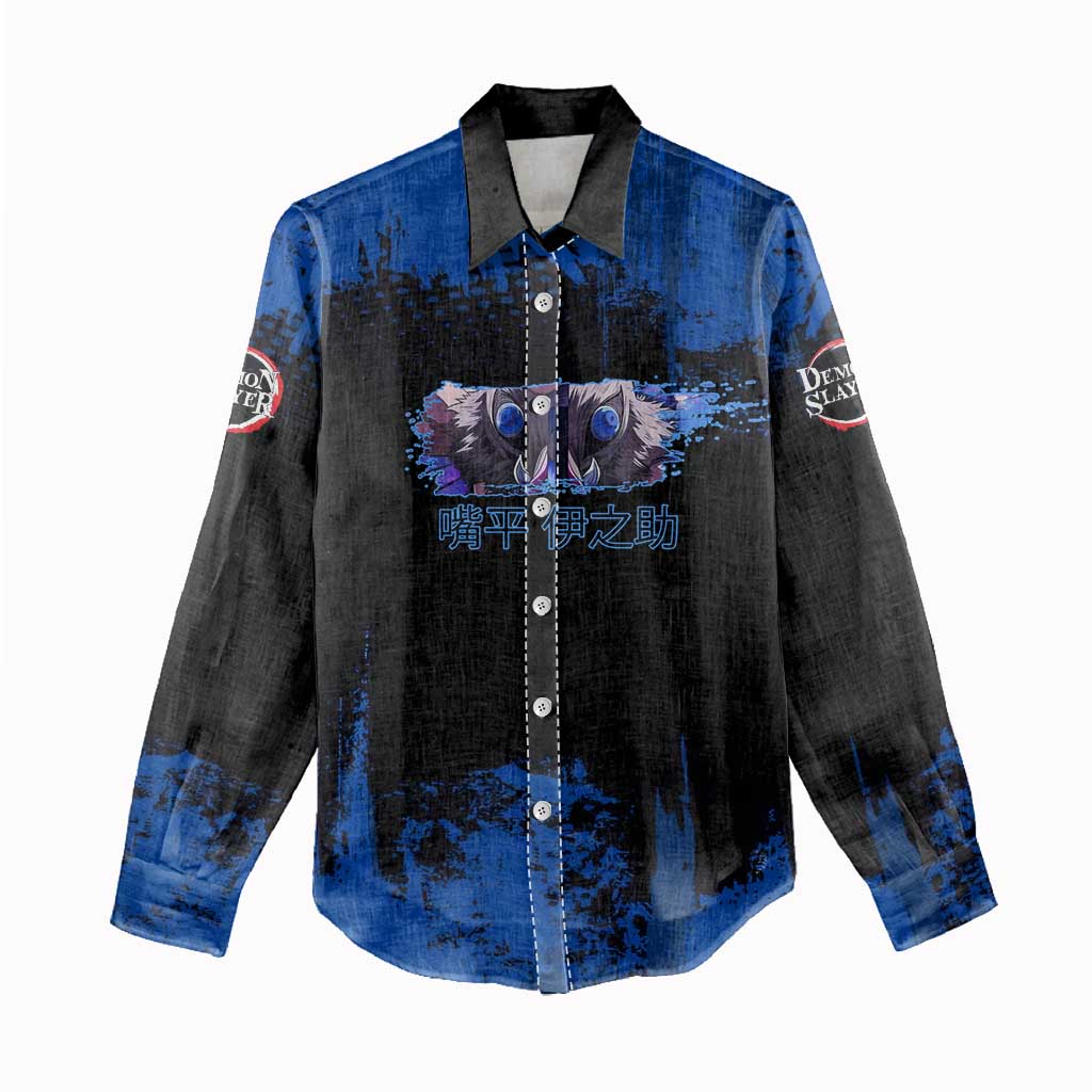 Inosuke Hashibira Demon Slayer Blue Grunge Design Women Casual Shirt with Boar Mask and Dual Sword Pose - The Mazicc