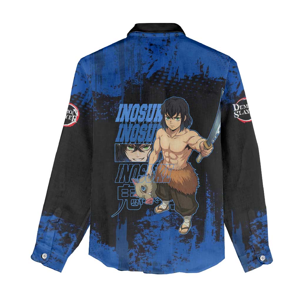 Inosuke Hashibira Demon Slayer Blue Grunge Design Women Casual Shirt with Boar Mask and Dual Sword Pose - The Mazicc