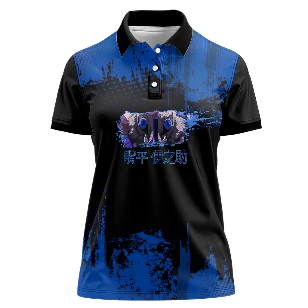 Inosuke Hashibira Demon Slayer Blue Grunge Design Women Polo Shirt with Boar Mask and Dual Sword Pose - The Mazicc
