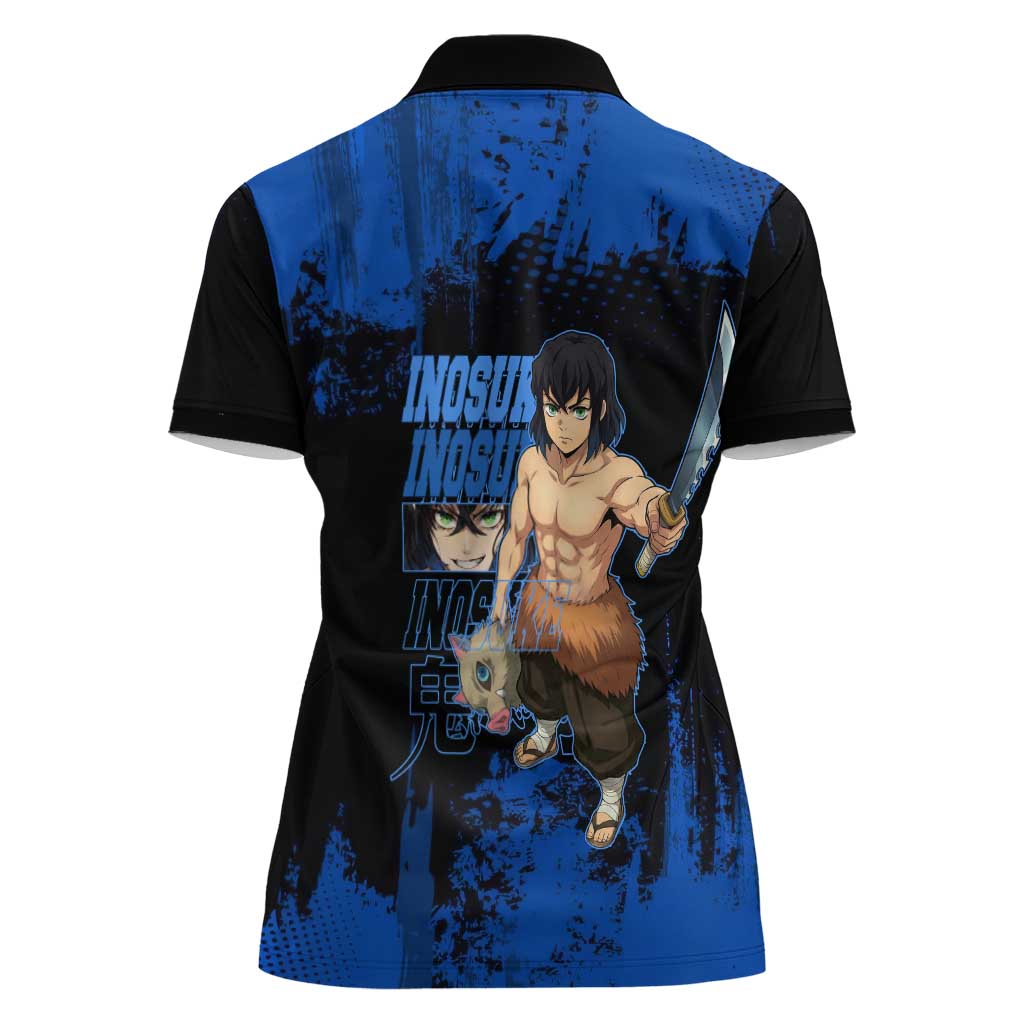Inosuke Hashibira Demon Slayer Blue Grunge Design Women Polo Shirt with Boar Mask and Dual Sword Pose - The Mazicc