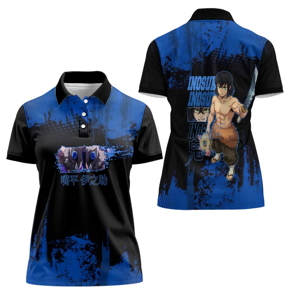 Inosuke Hashibira Demon Slayer Blue Grunge Design Women Polo Shirt with Boar Mask and Dual Sword Pose - The Mazicc