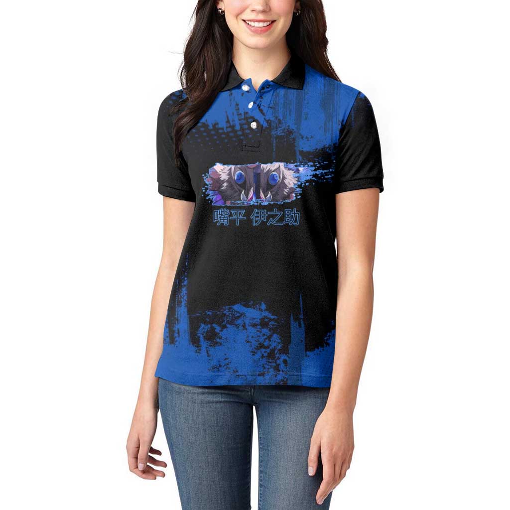 Inosuke Hashibira Demon Slayer Blue Grunge Design Women Polo Shirt with Boar Mask and Dual Sword Pose - The Mazicc