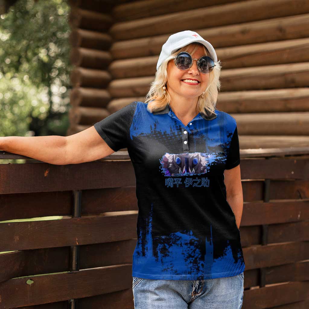 Inosuke Hashibira Demon Slayer Blue Grunge Design Women Polo Shirt with Boar Mask and Dual Sword Pose - The Mazicc