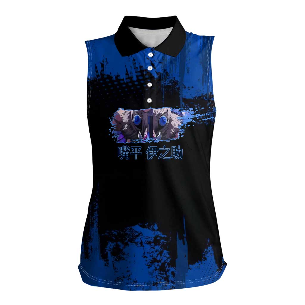 Inosuke Hashibira Demon Slayer Blue Grunge Design Women Sleeveless Polo Shirt with Boar Mask and Dual Sword Pose - The Mazicc