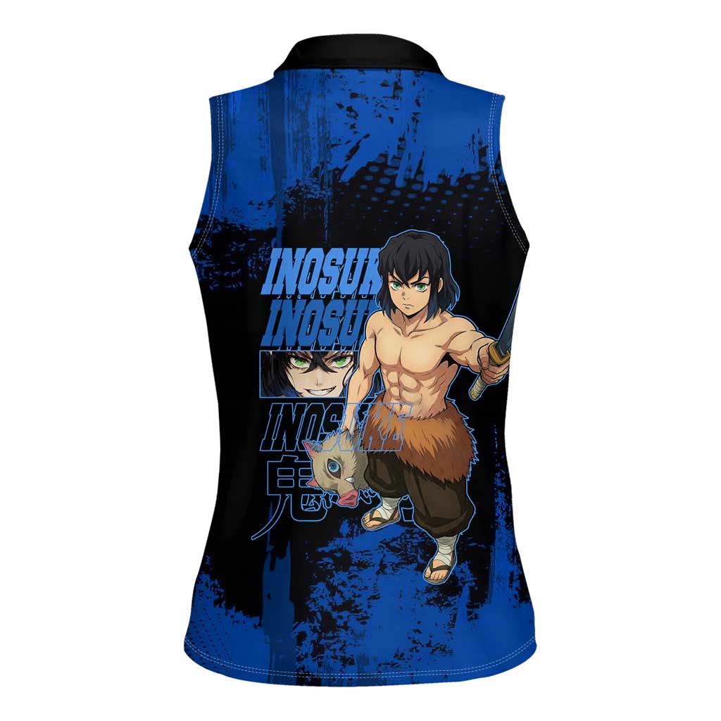 Inosuke Hashibira Demon Slayer Blue Grunge Design Women Sleeveless Polo Shirt with Boar Mask and Dual Sword Pose - The Mazicc