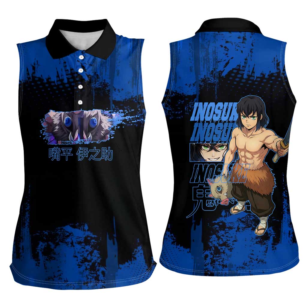 Inosuke Hashibira Demon Slayer Blue Grunge Design Women Sleeveless Polo Shirt with Boar Mask and Dual Sword Pose - The Mazicc