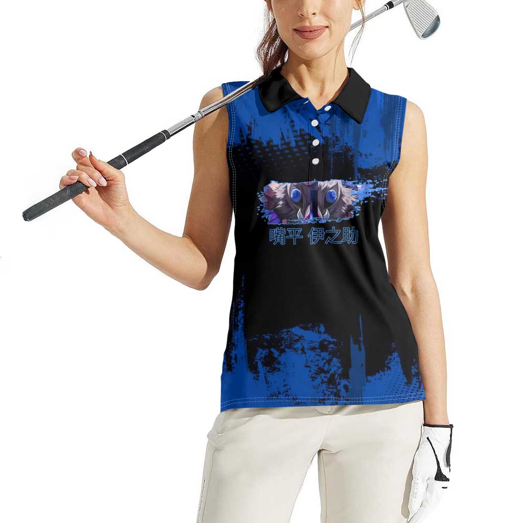 Inosuke Hashibira Demon Slayer Blue Grunge Design Women Sleeveless Polo Shirt with Boar Mask and Dual Sword Pose - The Mazicc