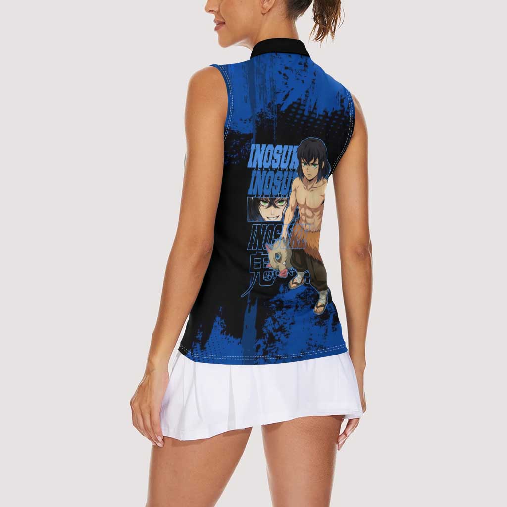 Inosuke Hashibira Demon Slayer Blue Grunge Design Women Sleeveless Polo Shirt with Boar Mask and Dual Sword Pose - The Mazicc