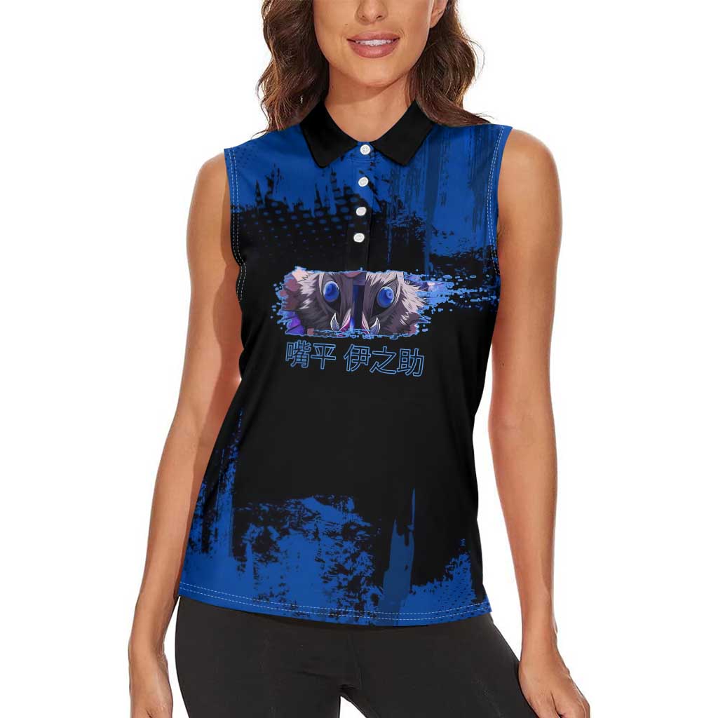 Inosuke Hashibira Demon Slayer Blue Grunge Design Women Sleeveless Polo Shirt with Boar Mask and Dual Sword Pose - The Mazicc