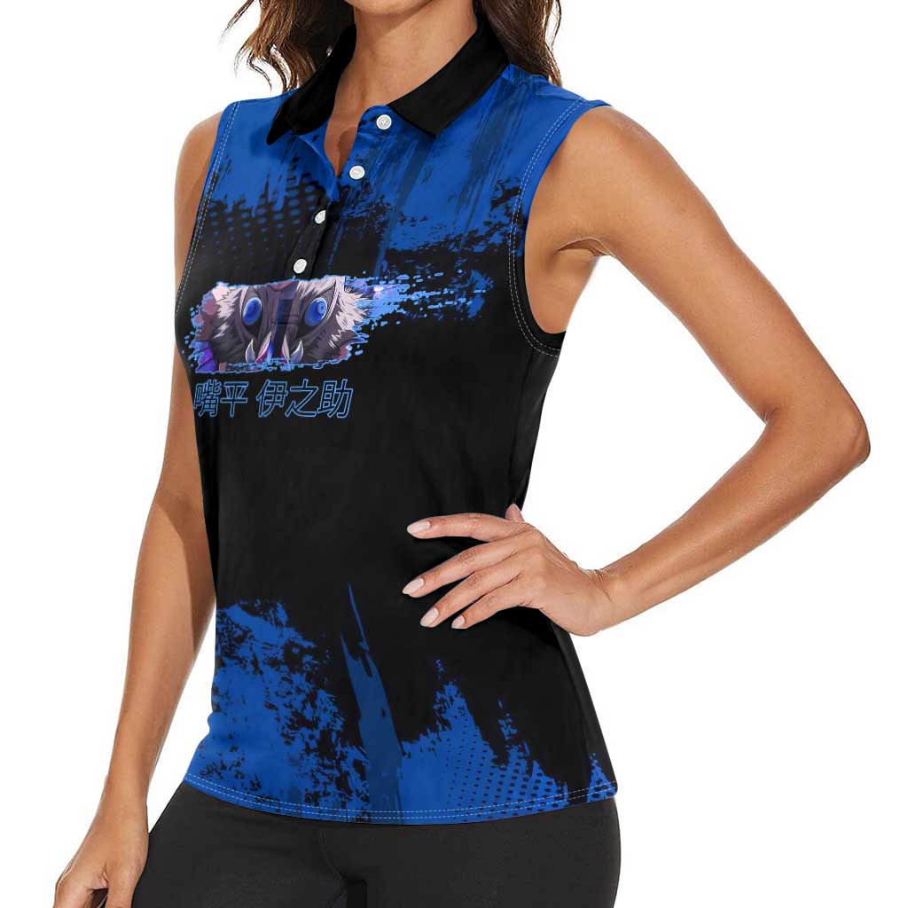 Inosuke Hashibira Demon Slayer Blue Grunge Design Women Sleeveless Polo Shirt with Boar Mask and Dual Sword Pose - The Mazicc