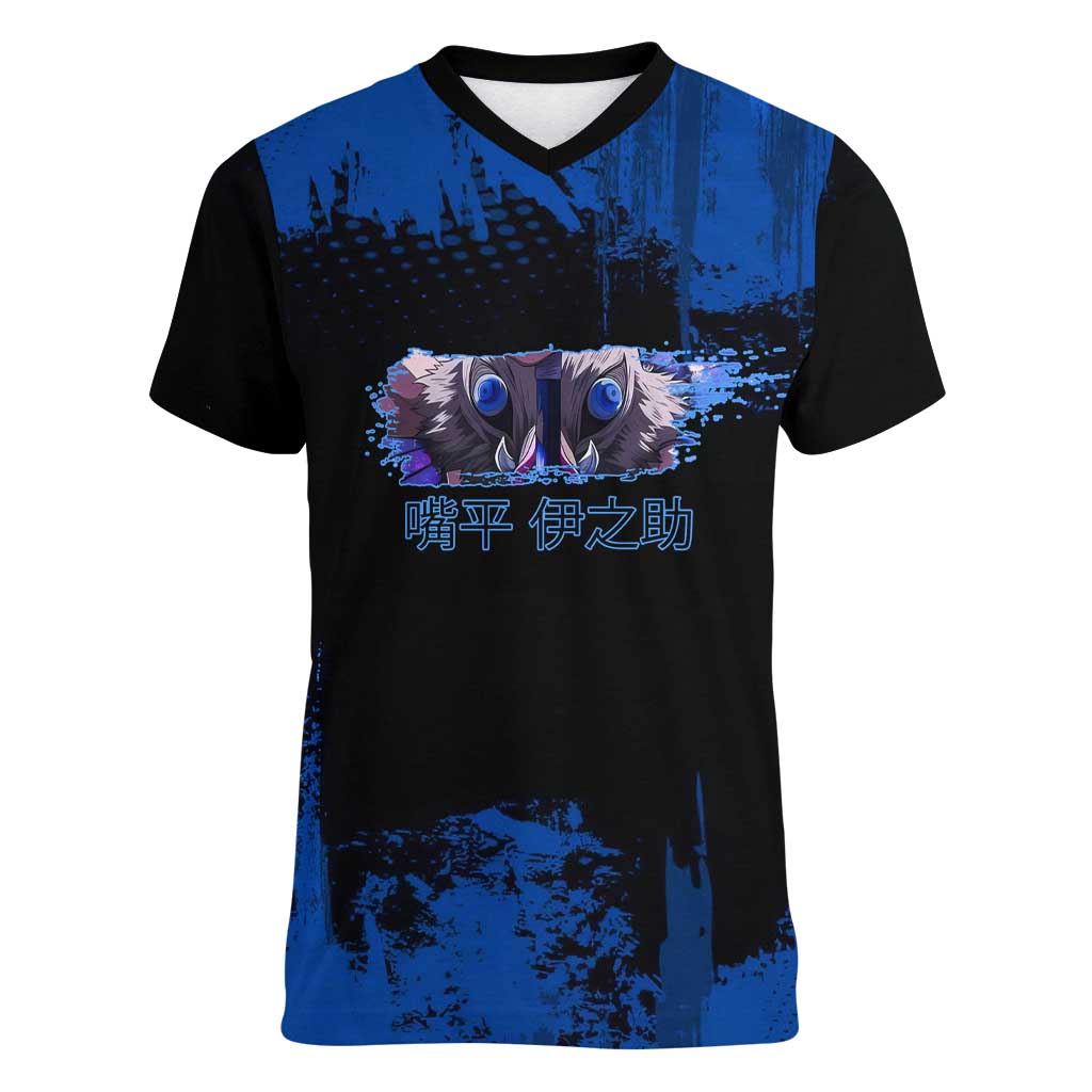 Inosuke Hashibira Demon Slayer Blue Grunge Design Women V-Neck T-Shirt with Boar Mask and Dual Sword Pose - The Mazicc