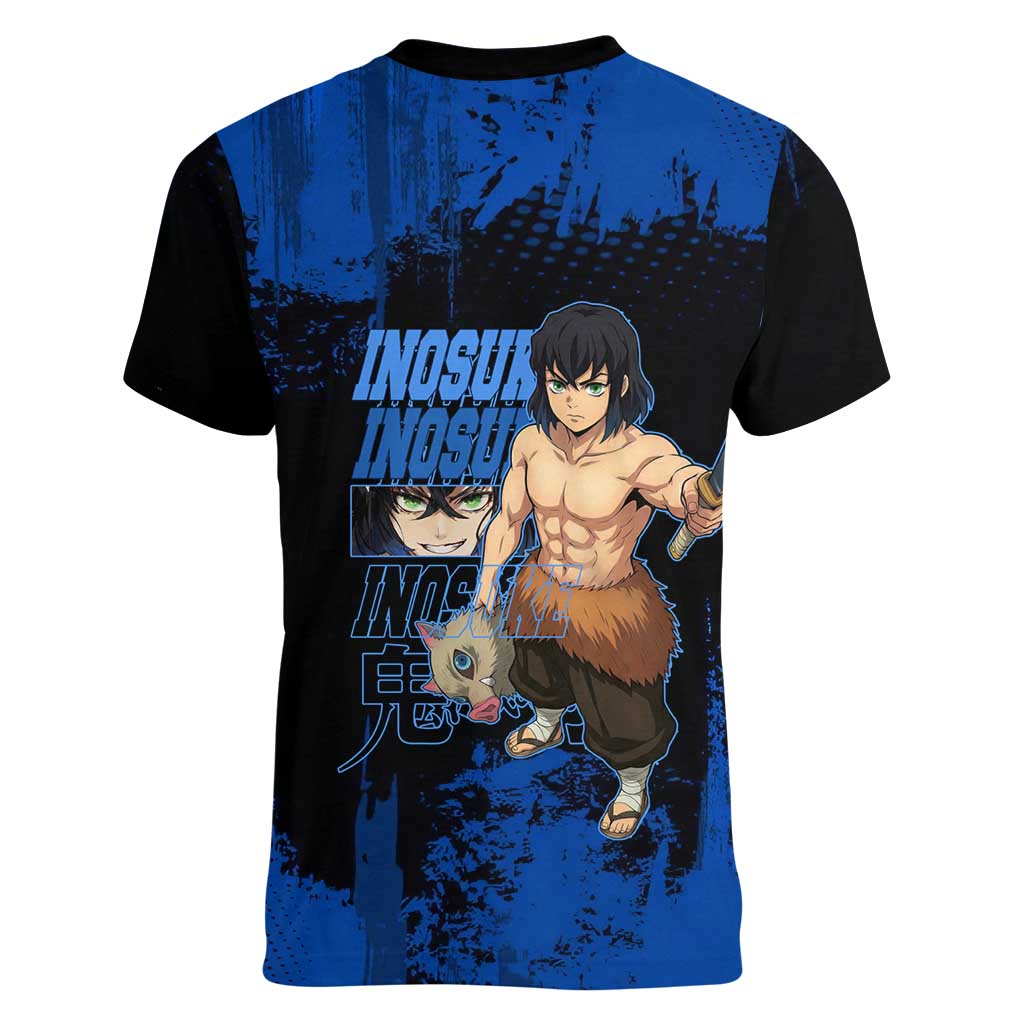 Inosuke Hashibira Demon Slayer Blue Grunge Design Women V-Neck T-Shirt with Boar Mask and Dual Sword Pose - The Mazicc