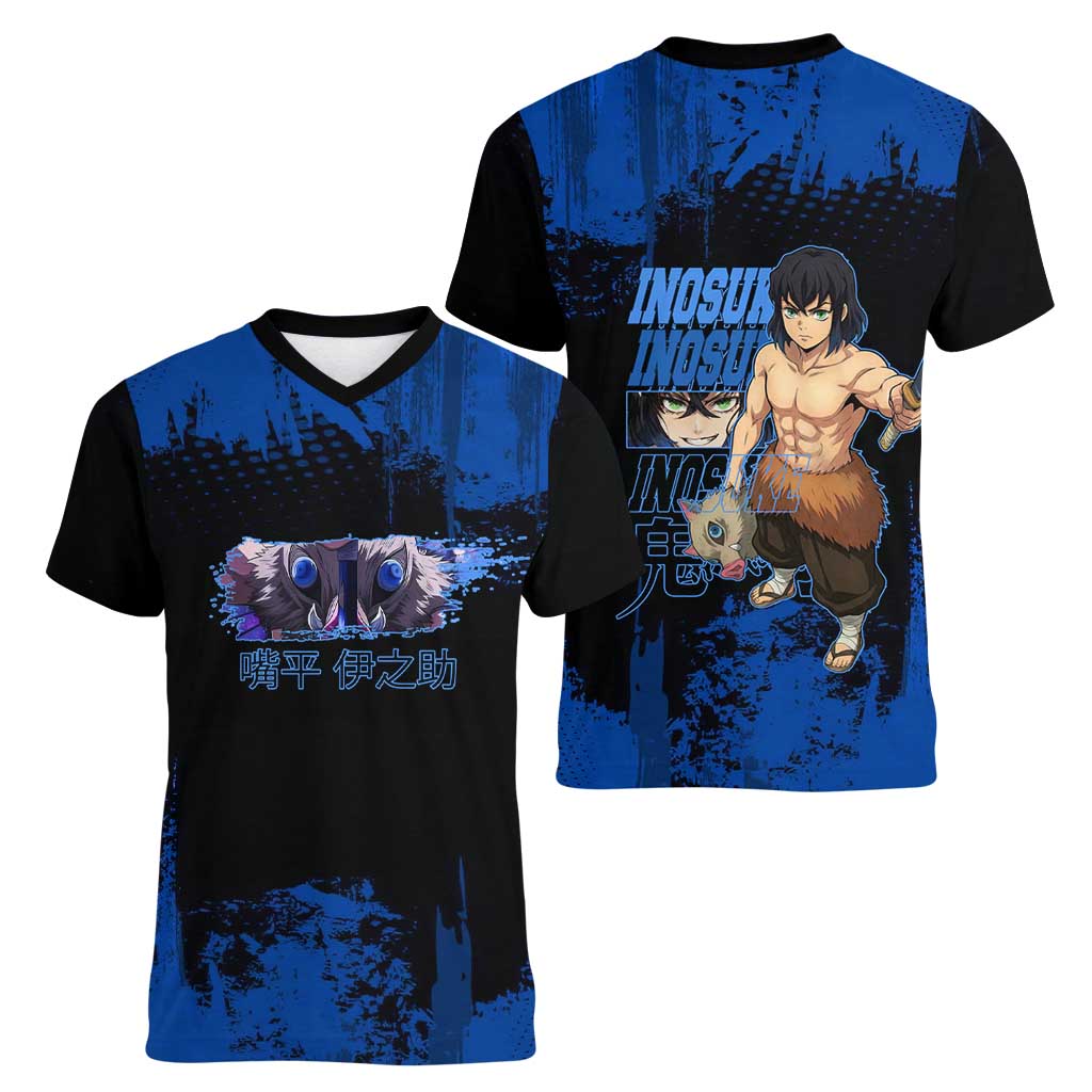 Inosuke Hashibira Demon Slayer Blue Grunge Design Women V-Neck T-Shirt with Boar Mask and Dual Sword Pose - The Mazicc