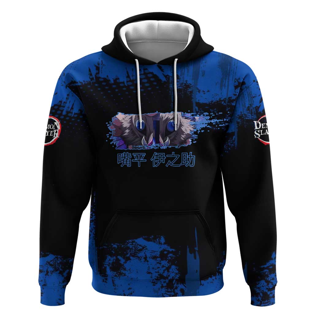 Inosuke Hashibira Demon Slayer Blue Grunge Design Zip Hoodie with Boar Mask and Dual Sword Pose - The Mazicc