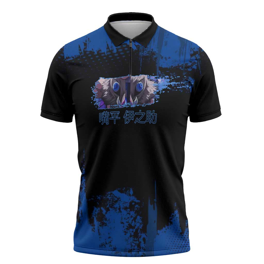 Inosuke Hashibira Demon Slayer Blue Grunge Design Zipper Polo Shirt with Boar Mask and Dual Sword Pose - The Mazicc