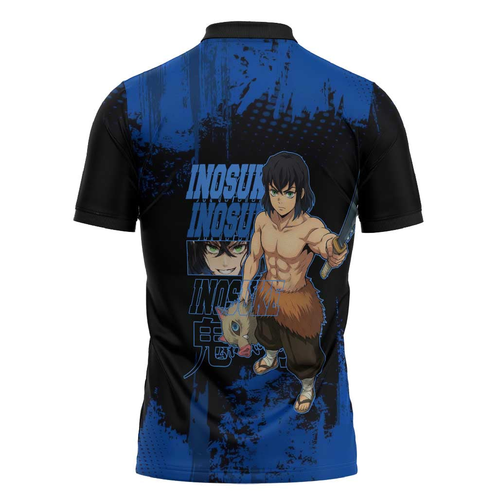 Inosuke Hashibira Demon Slayer Blue Grunge Design Zipper Polo Shirt with Boar Mask and Dual Sword Pose - The Mazicc