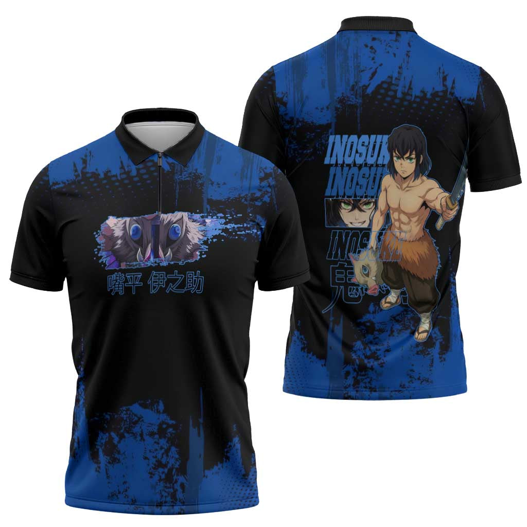 Inosuke Hashibira Demon Slayer Blue Grunge Design Zipper Polo Shirt with Boar Mask and Dual Sword Pose - The Mazicc