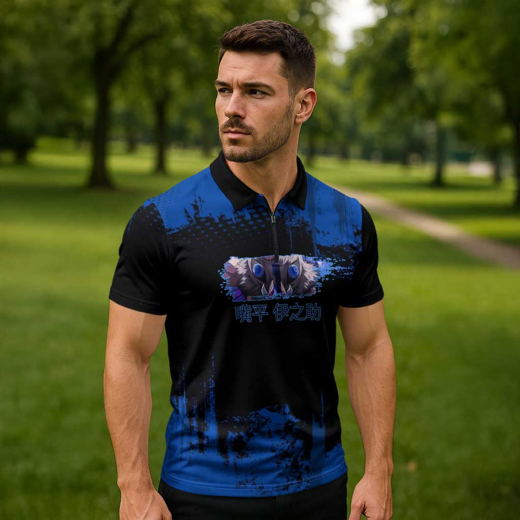 Inosuke Hashibira Demon Slayer Blue Grunge Design Zipper Polo Shirt with Boar Mask and Dual Sword Pose - The Mazicc