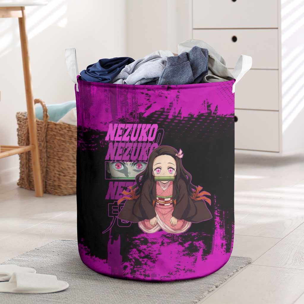 Nezuko Kamado Demon Slayer Pink Grunge Design Laundry Basket with Fierce Eyes and Cute Sitting Pose - The Mazicc