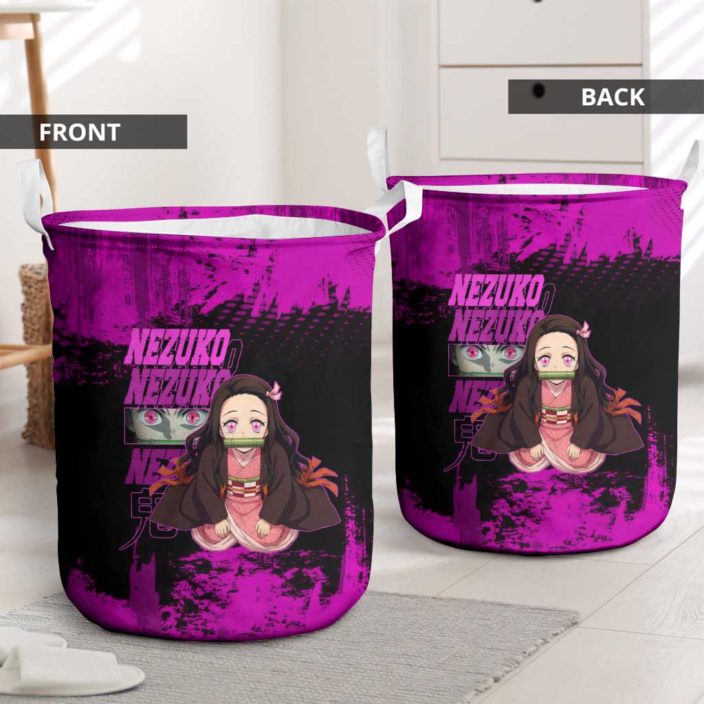 Nezuko Kamado Demon Slayer Pink Grunge Design Laundry Basket with Fierce Eyes and Cute Sitting Pose - The Mazicc