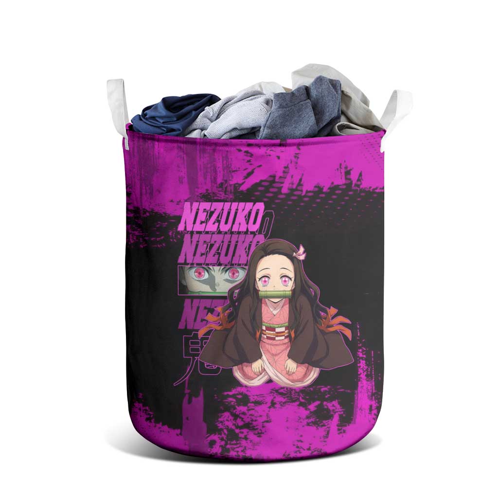 Nezuko Kamado Demon Slayer Pink Grunge Design Laundry Basket with Fierce Eyes and Cute Sitting Pose - The Mazicc