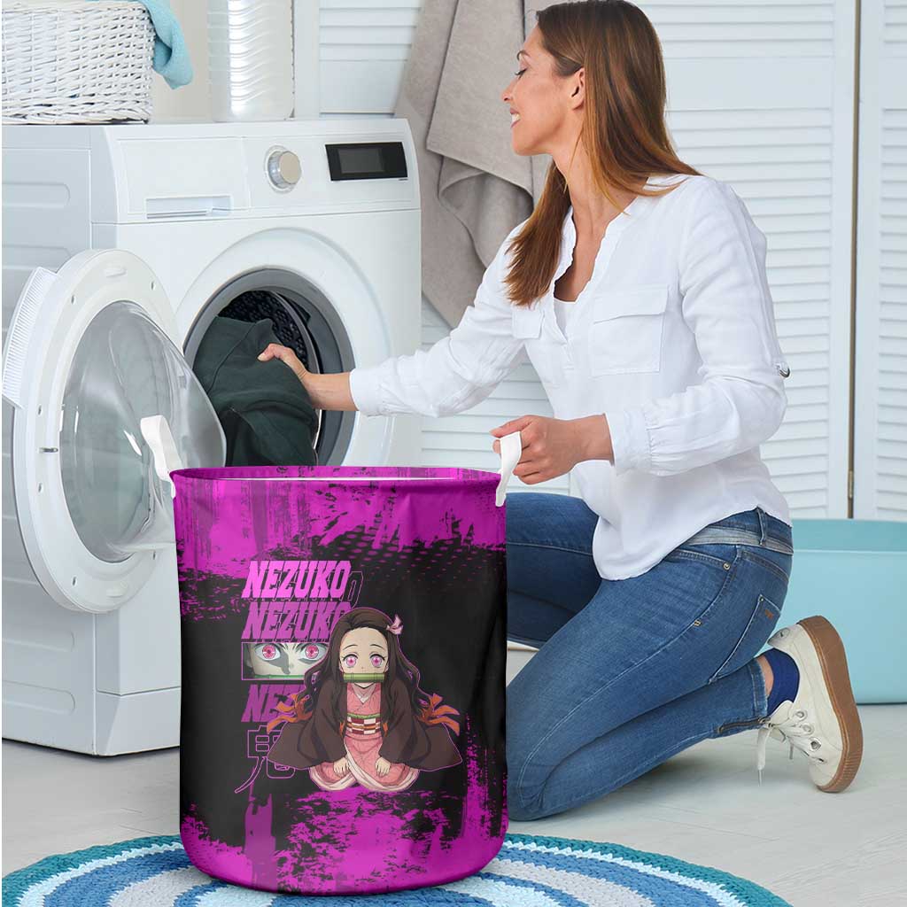 Nezuko Kamado Demon Slayer Pink Grunge Design Laundry Basket with Fierce Eyes and Cute Sitting Pose - The Mazicc
