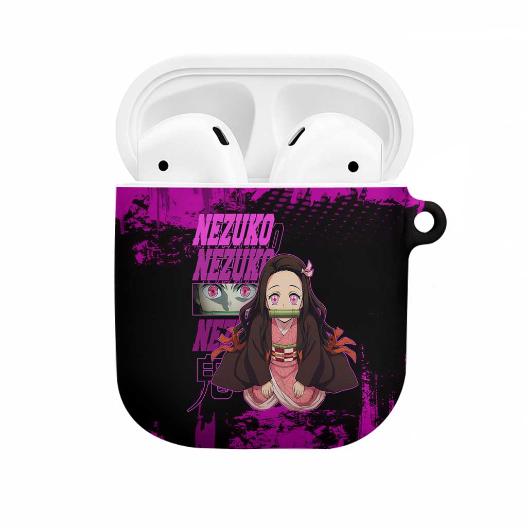 Nezuko Kamado Demon Slayer Pink Grunge Design AirPods Case with Fierce Eyes and Cute Sitting Pose - The Mazicc