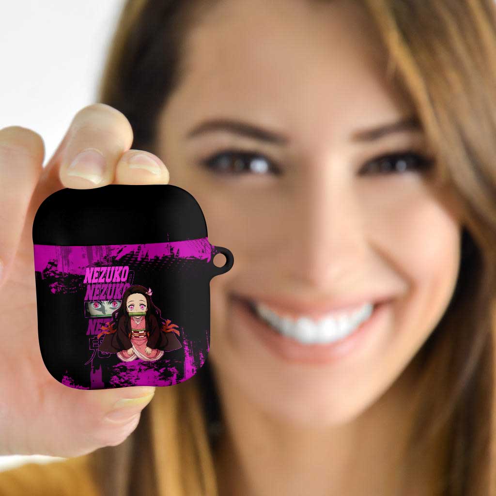 Nezuko Kamado Demon Slayer Pink Grunge Design AirPods Case with Fierce Eyes and Cute Sitting Pose - The Mazicc