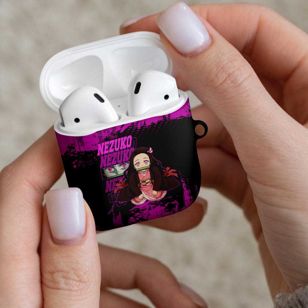 Nezuko Kamado Demon Slayer Pink Grunge Design AirPods Case with Fierce Eyes and Cute Sitting Pose - The Mazicc