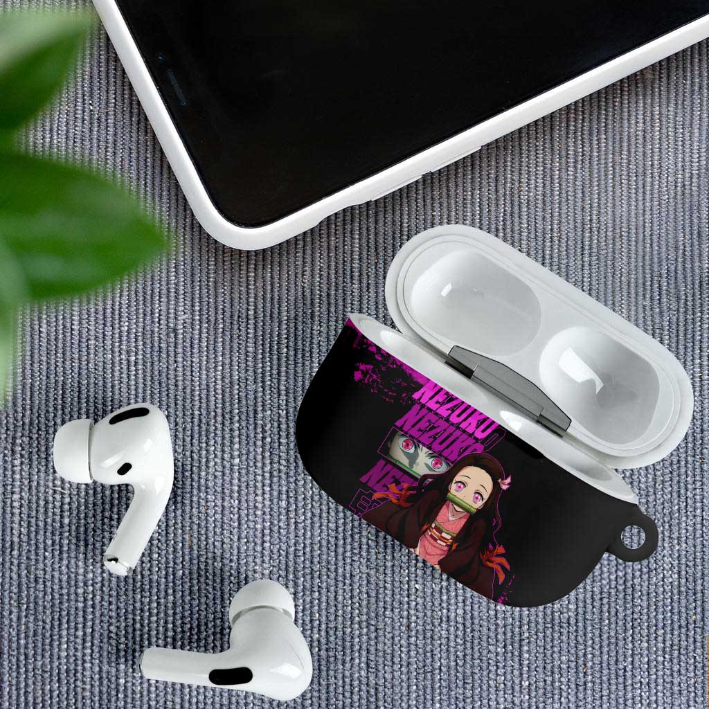 Nezuko Kamado Demon Slayer Pink Grunge Design AirPods Case with Fierce Eyes and Cute Sitting Pose - The Mazicc