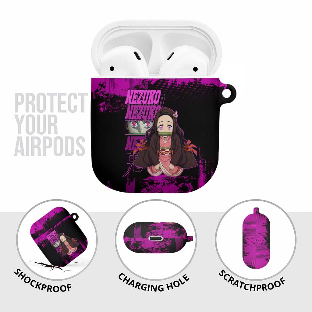 Nezuko Kamado Demon Slayer Pink Grunge Design AirPods Case with Fierce Eyes and Cute Sitting Pose - The Mazicc