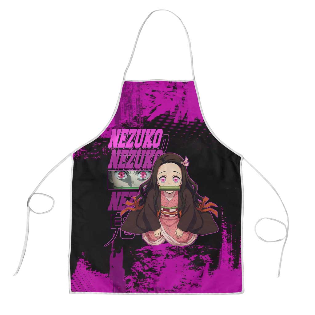 Nezuko Kamado Demon Slayer Pink Grunge Design Apron with Fierce Eyes and Cute Sitting Pose - The Mazicc