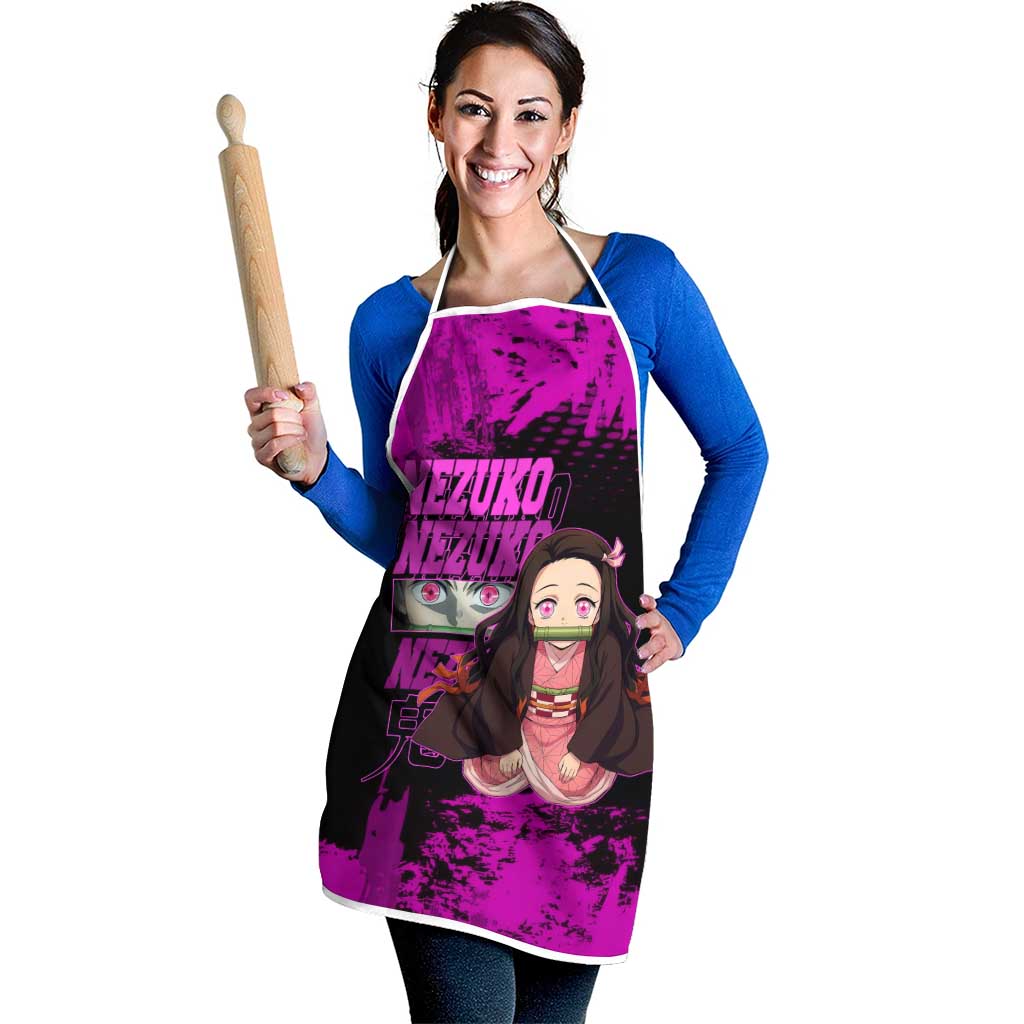 Nezuko Kamado Demon Slayer Pink Grunge Design Apron with Fierce Eyes and Cute Sitting Pose - The Mazicc