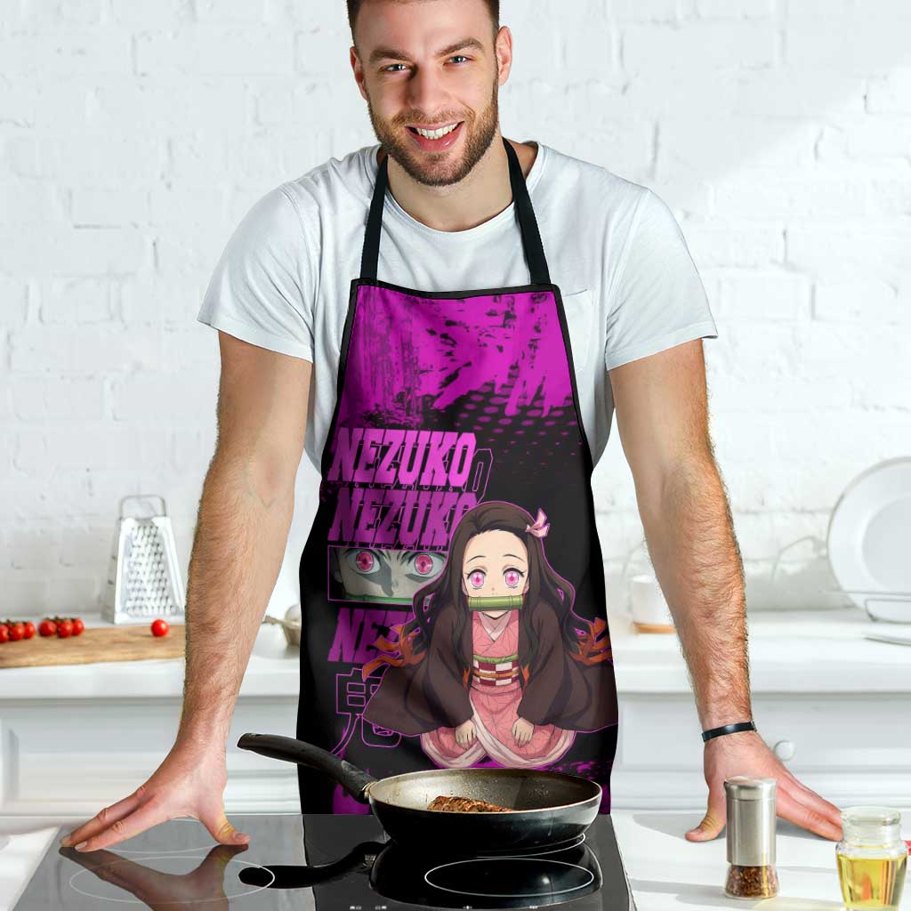 Nezuko Kamado Demon Slayer Pink Grunge Design Apron with Fierce Eyes and Cute Sitting Pose - The Mazicc