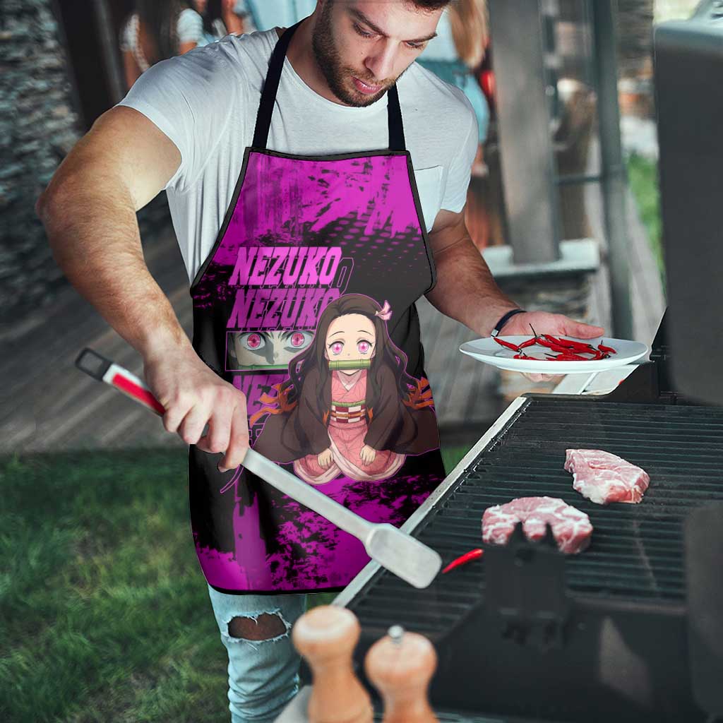 Nezuko Kamado Demon Slayer Pink Grunge Design Apron with Fierce Eyes and Cute Sitting Pose - The Mazicc