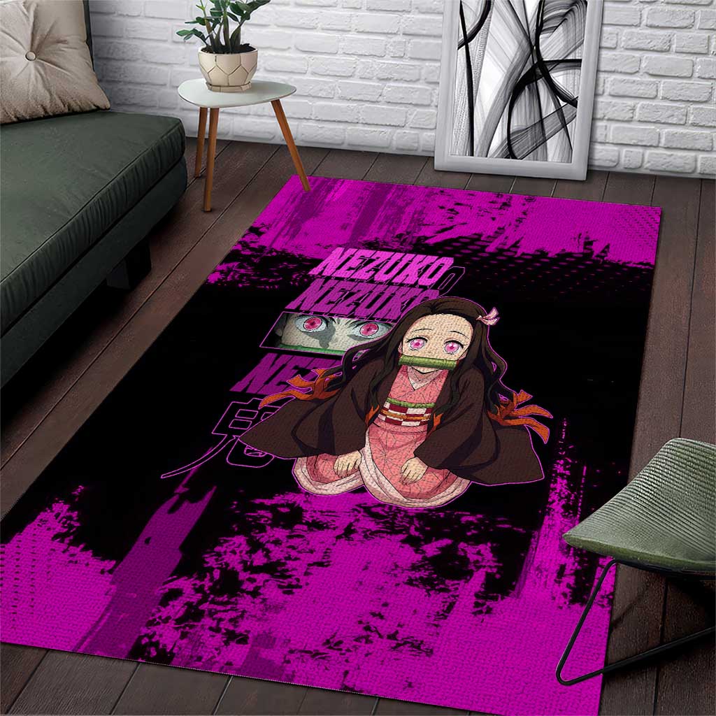 Nezuko Kamado Demon Slayer Pink Grunge Design Area Rug with Fierce Eyes and Cute Sitting Pose - The Mazicc