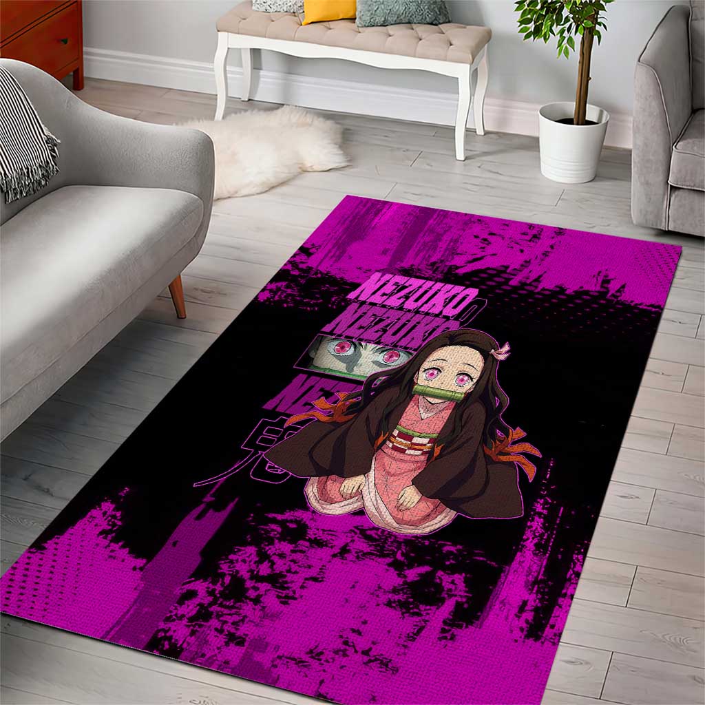 Nezuko Kamado Demon Slayer Pink Grunge Design Area Rug with Fierce Eyes and Cute Sitting Pose - The Mazicc